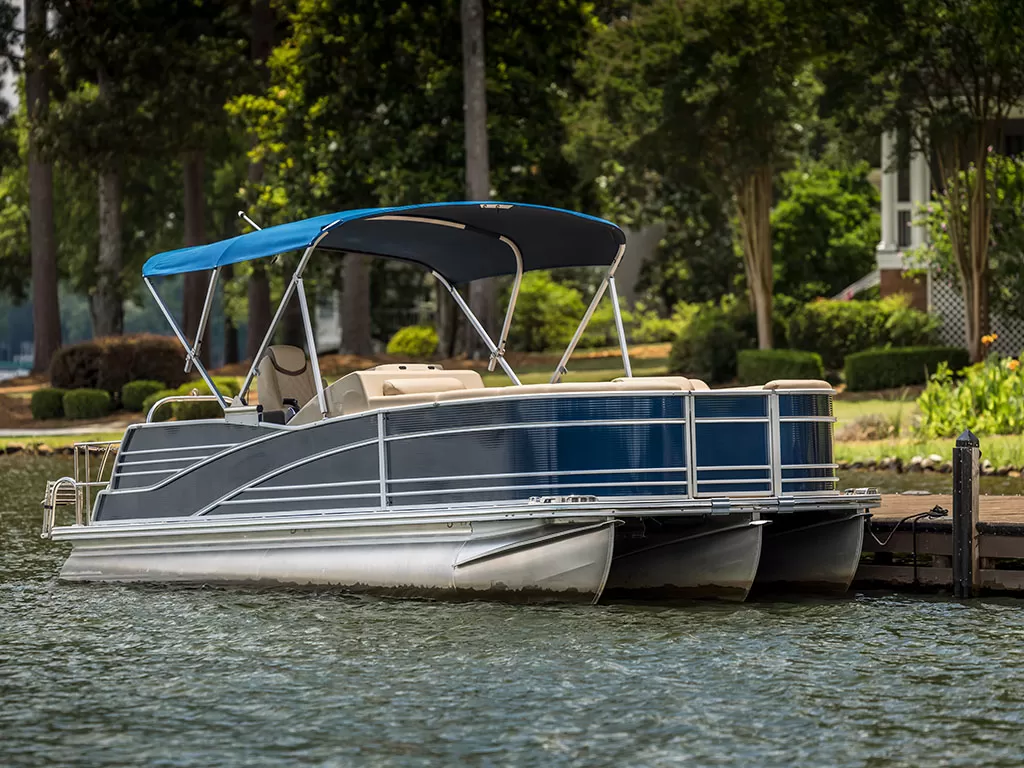 A boat docked in a freshwater lake