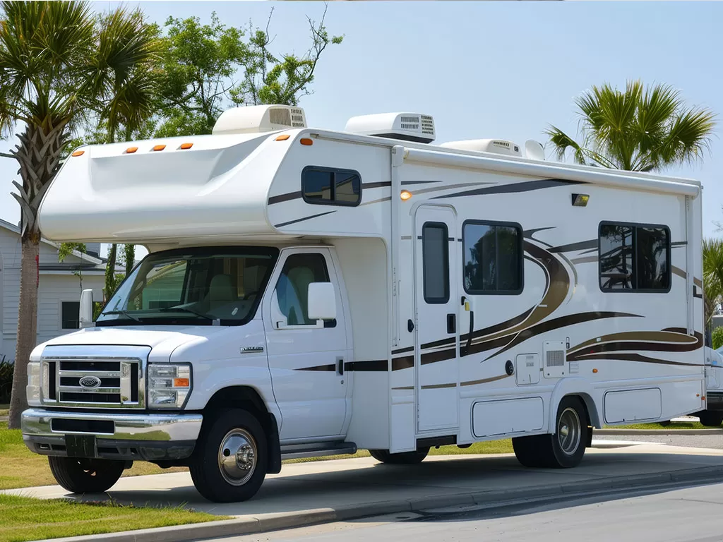 An RV parked on the street outside of a home